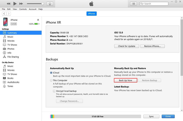iTunesでのバックアップ