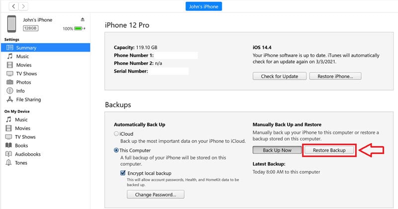 iTunesを使用してバックアップを復元します