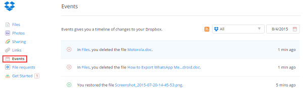 ドキュメントの回復のためにログインDropbox