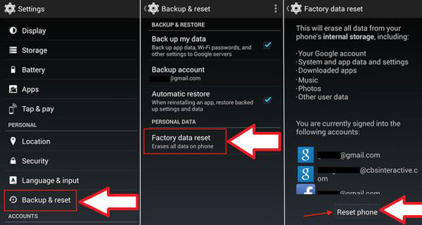 Factoryの設定メニューからAndroid電話をリセットします