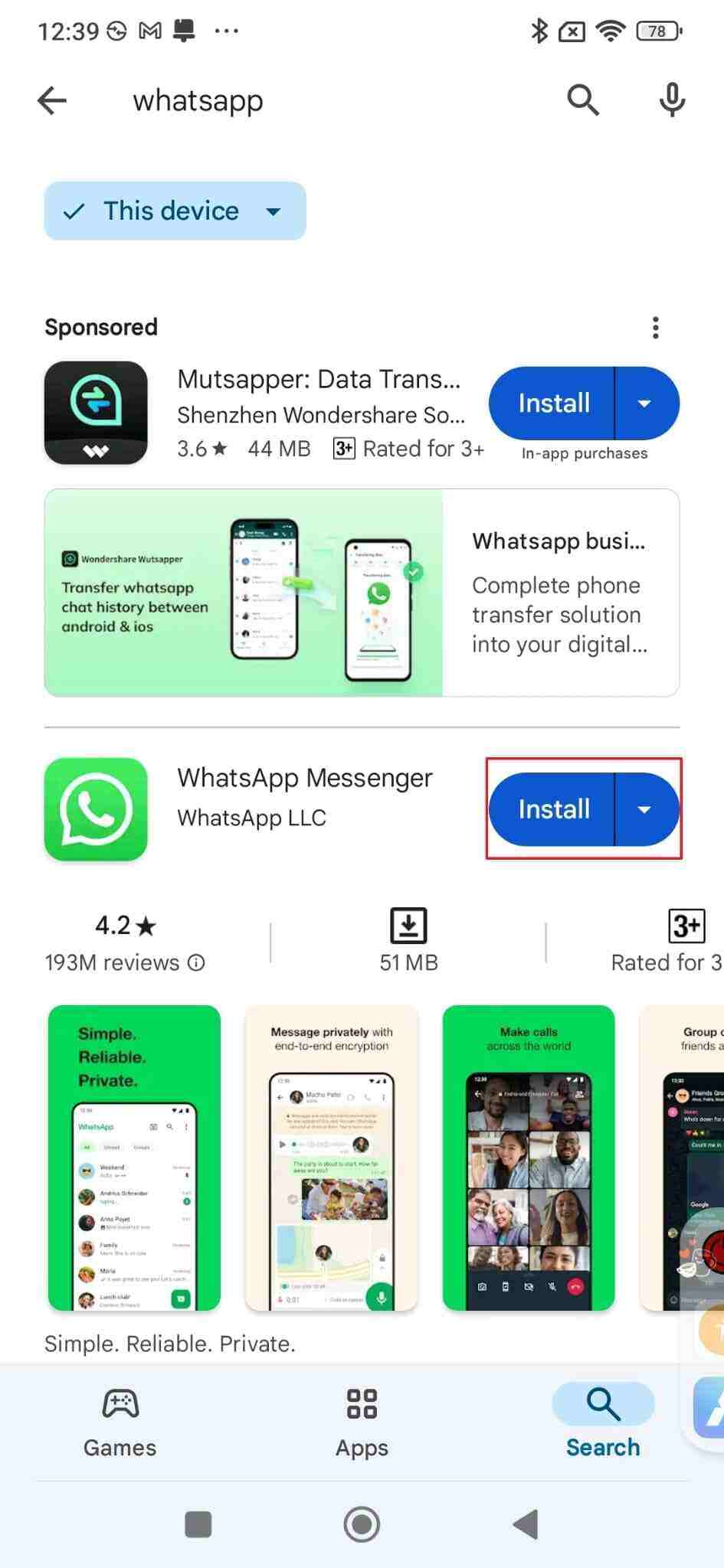 AndroidにWhatsAppを再度インストールします