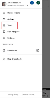 Google PhotosアプリでTrashを選択してください
