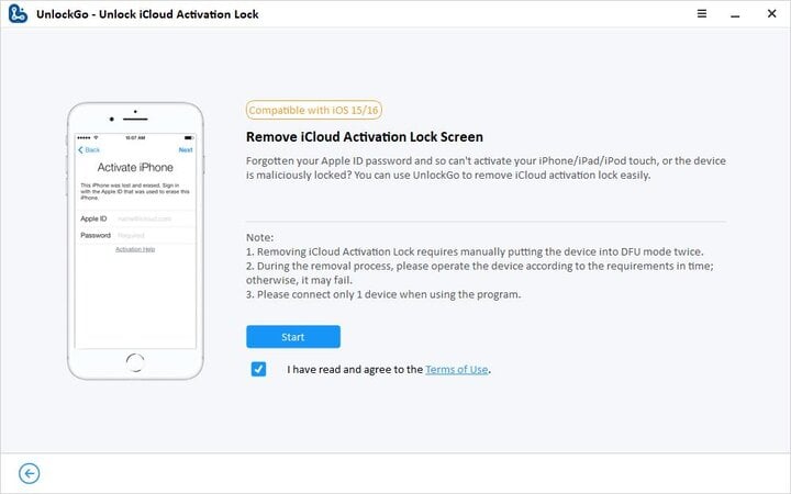 [開始]をクリックしてiCloudロックを削除します