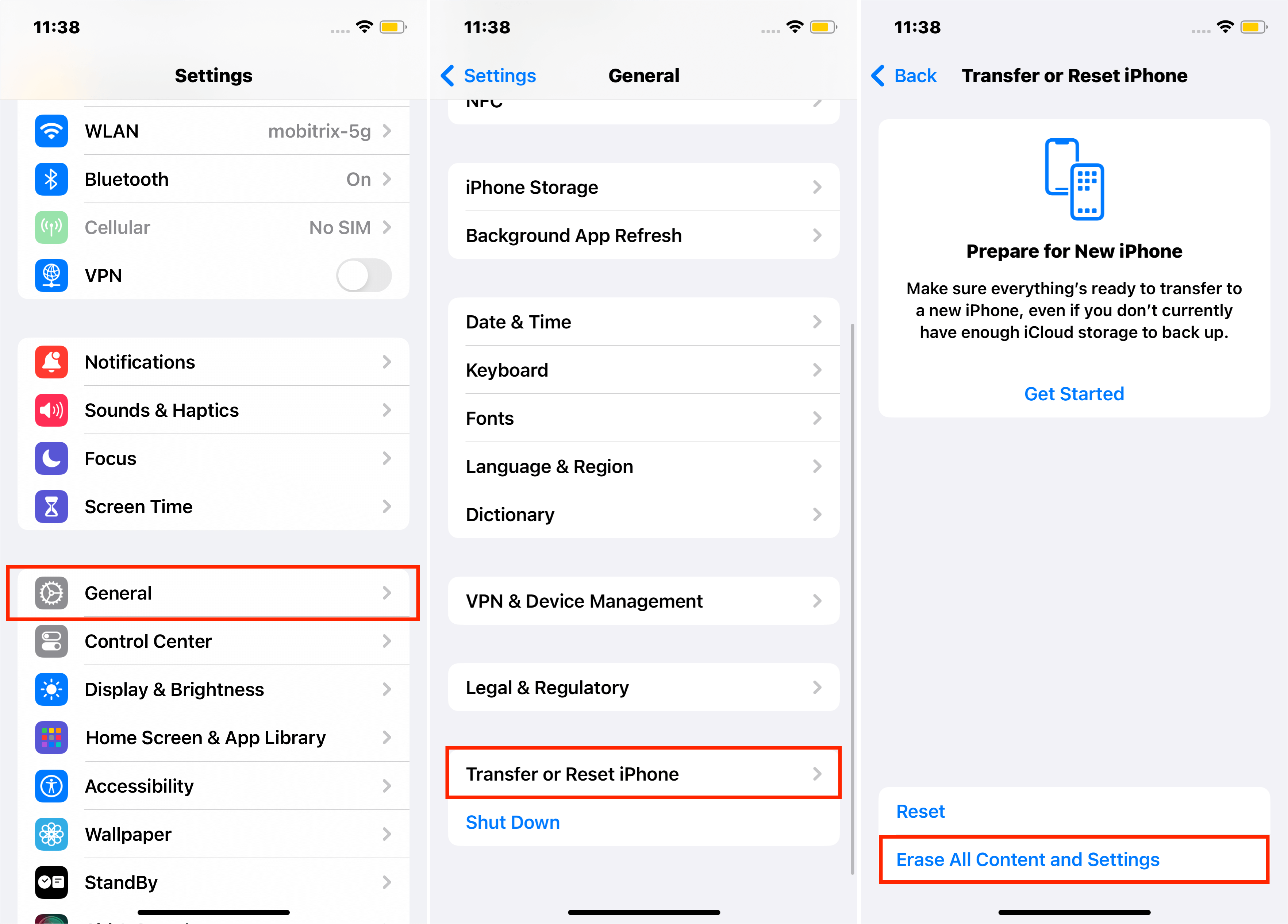 iPhoneの設定を介してすべてのコンテンツと設定を消去する手順