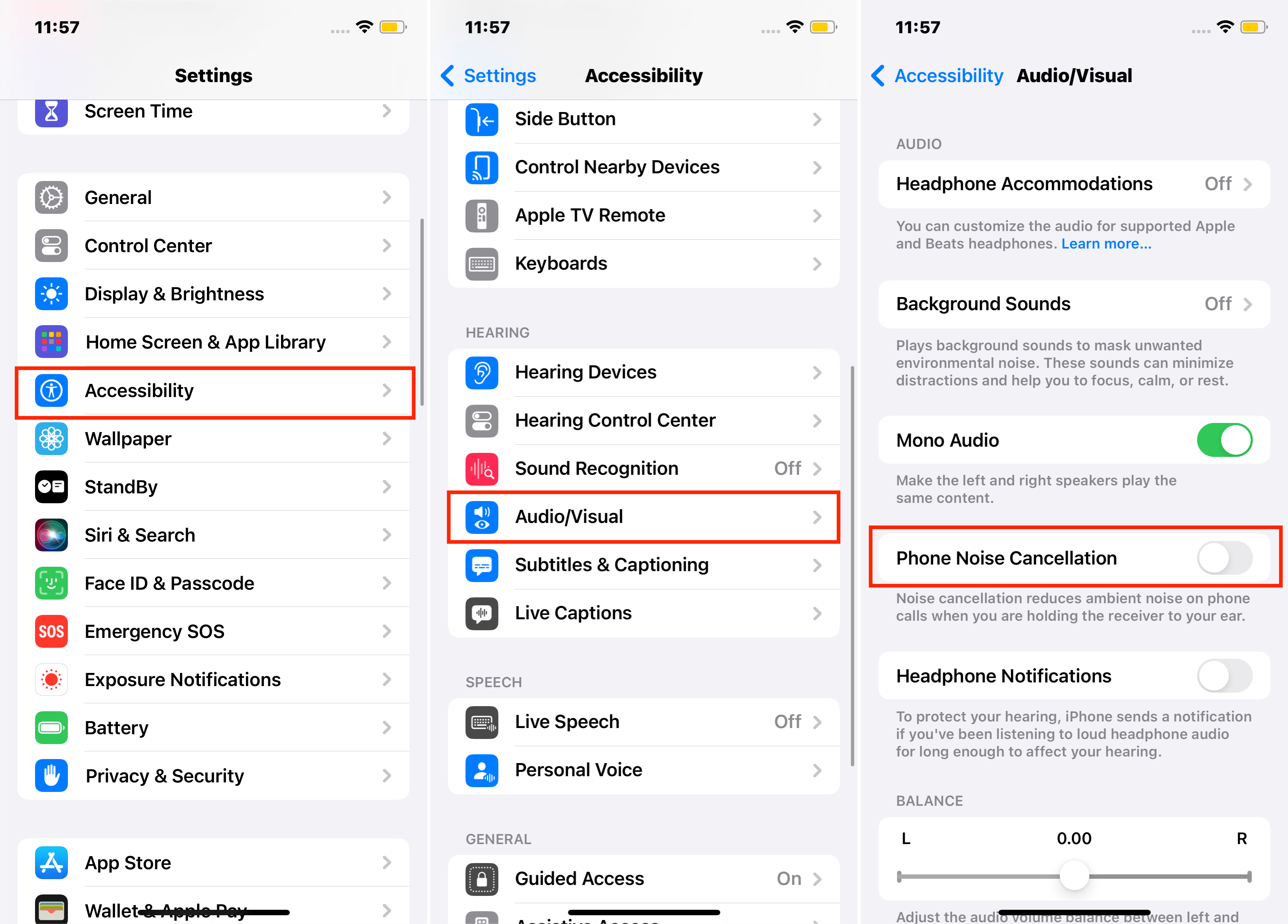 iPhone設定アプリを介してノイズキャンセルをオフにする手順