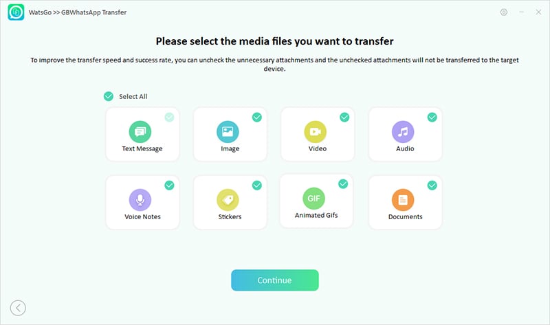 Watsgo Guide -GBWHATSAPPを転送するデータを選択します