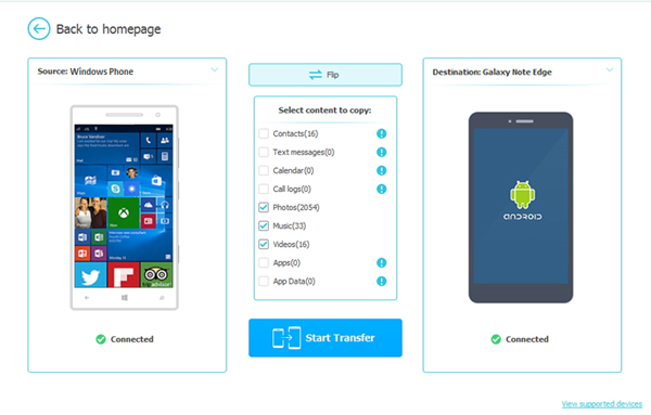 Windows PhoneからAndroidに転送するデータを選択します